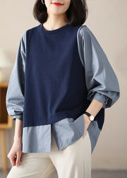 Handmade Navy Oversized Patchwork Cotton Shirts Spring