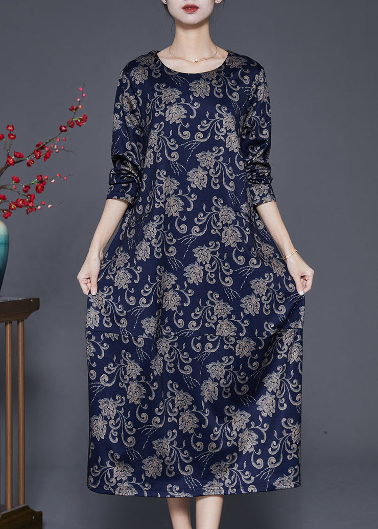 Handmade Navy Oversized Print Cotton Maxi Dresses Fall