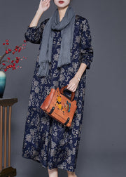 Handmade Navy Oversized Print Cotton Maxi Dresses Fall