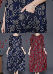 Handmade Navy Oversized Print Cotton Maxi Dresses Fall