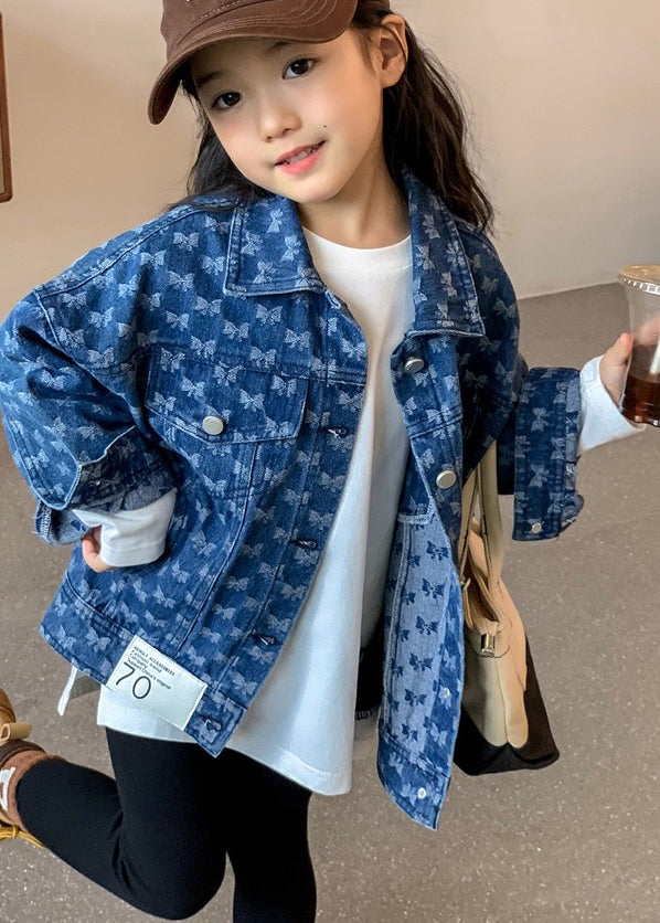 Handmade Navy Peter Pan Collar Print Kids Denim Coat Fall