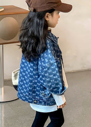 Handmade Navy Peter Pan Collar Print Kids Denim Coat Fall