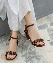 Handmade Orange Chunky Cowhide Leather Flower Peep Toe Sandals