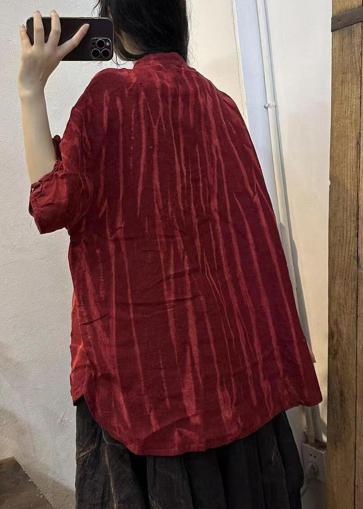 Handmade Orange O-Neck Striped Linen Shirts Half Sleeve