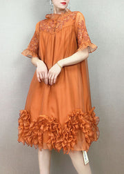 Handmade Orange Ruffled Embroideried Patchwork Tulle Dress Summer