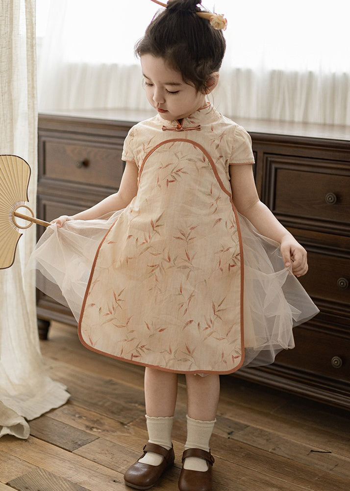 Handmade Orange Stand Collar Tulle Patchwork Kids Maxi Dresses Short Sleeve