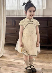 Handmade Orange Stand Collar Tulle Patchwork Kids Maxi Dresses Short Sleeve