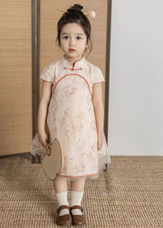 Handmade Orange Stand Collar Tulle Patchwork Kids Maxi Dresses Short Sleeve