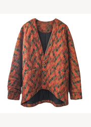 Handmade Orange V Neck Print Pockets Plus Size Fine Cotton Filled Jacket Batwing Sleeve