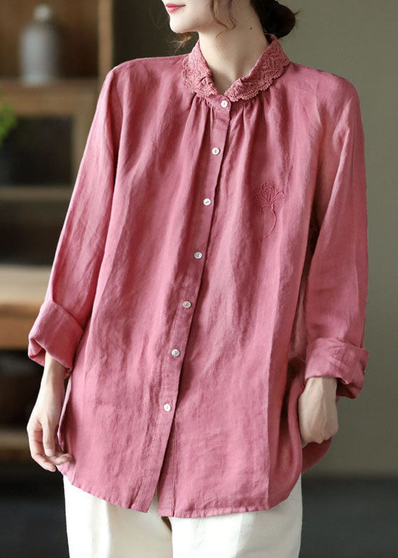 Handmade Pink Embroideried Lace Patchwork Linen Shirts Long Sleeve