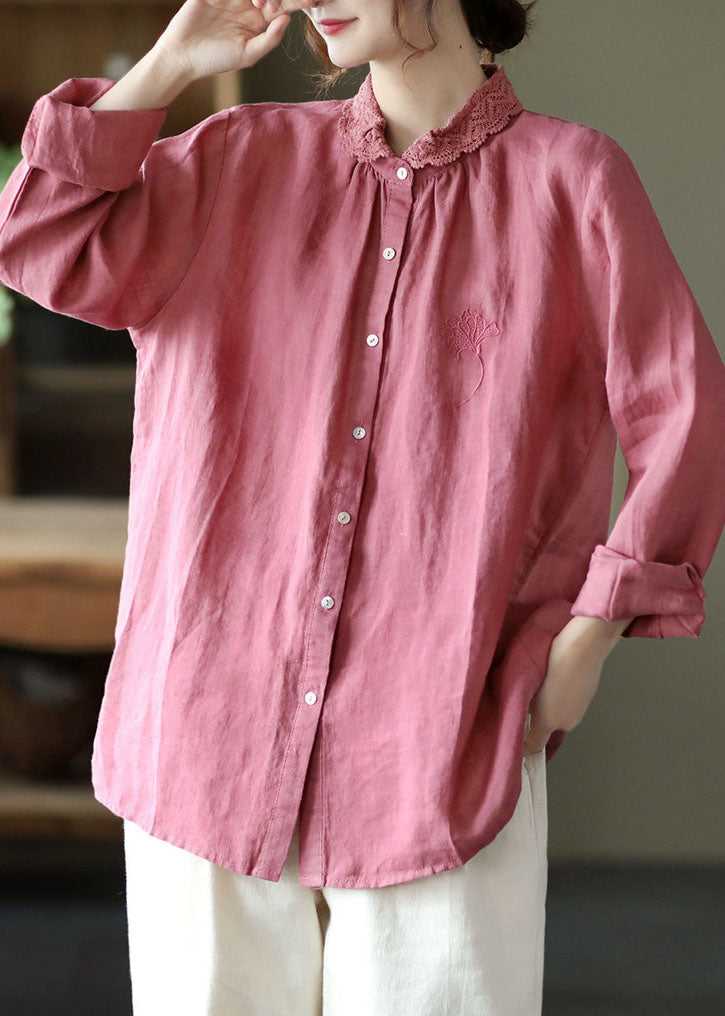 Handmade Pink Embroideried Lace Patchwork Linen Shirts Long Sleeve