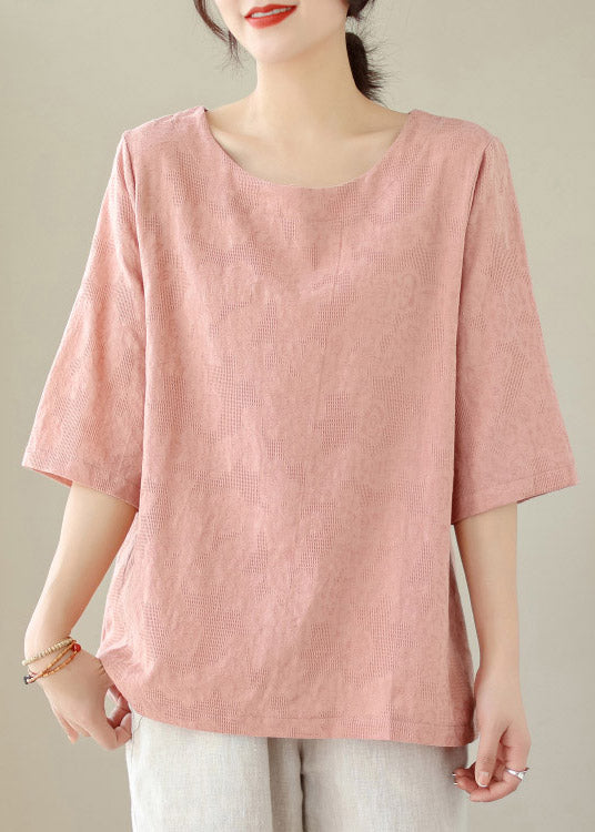 Handmade Pink O-Neck Cozy Top Summer