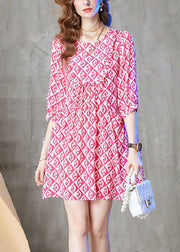 Handmade Pink O Neck Plaid Print Chiffon Shift Dresses Summer