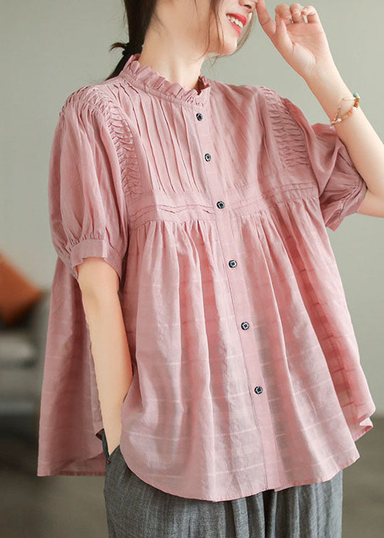 Handmade Pink Ruffled Button Patchwork Cotton Blouse Summer