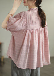 Handmade Pink Ruffled Button Patchwork Cotton Blouse Summer