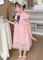 Handmade Pink Ruffled Layered Patchwork Lace Kids Girls Dress Summer