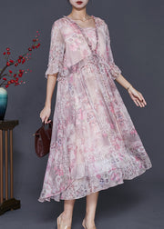 Handmade Pink Ruffled Print Chiffon Holiday Dress Spring