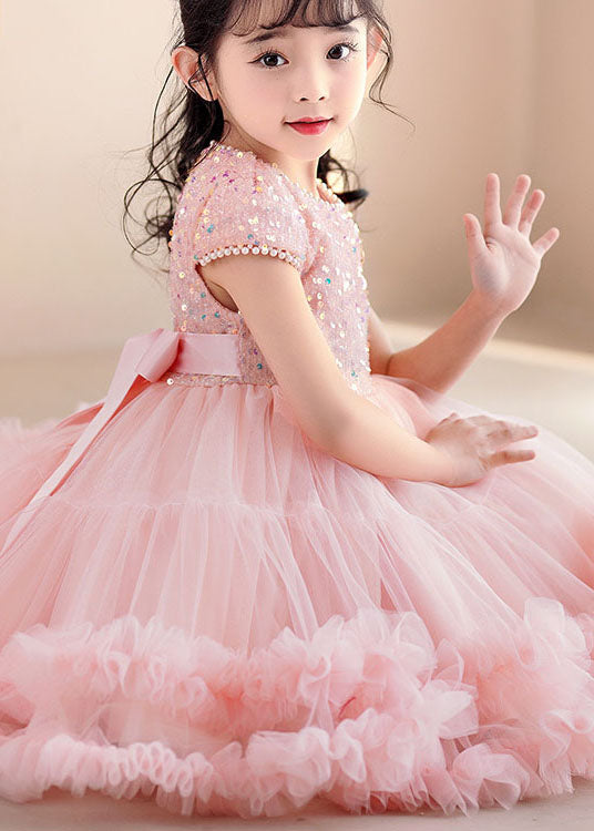 Handmade Pink Ruffled Sequins Nail Bead Patchwork Tulle Kids Girls Dress Summer