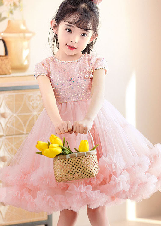 Handmade Pink Ruffled Sequins Nail Bead Patchwork Tulle Kids Girls Dress Summer