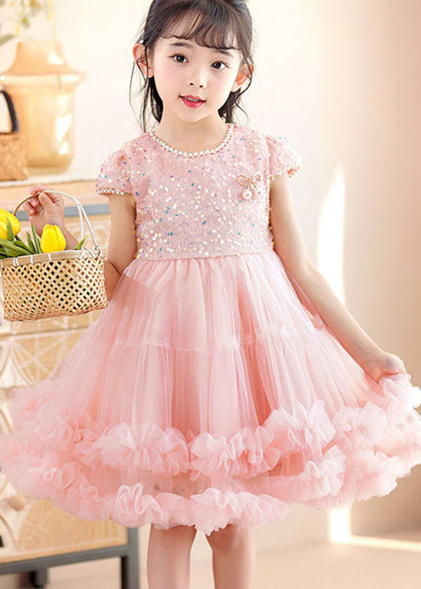 Handmade Pink Ruffled Sequins Nail Bead Patchwork Tulle Kids Girls Dress Summer