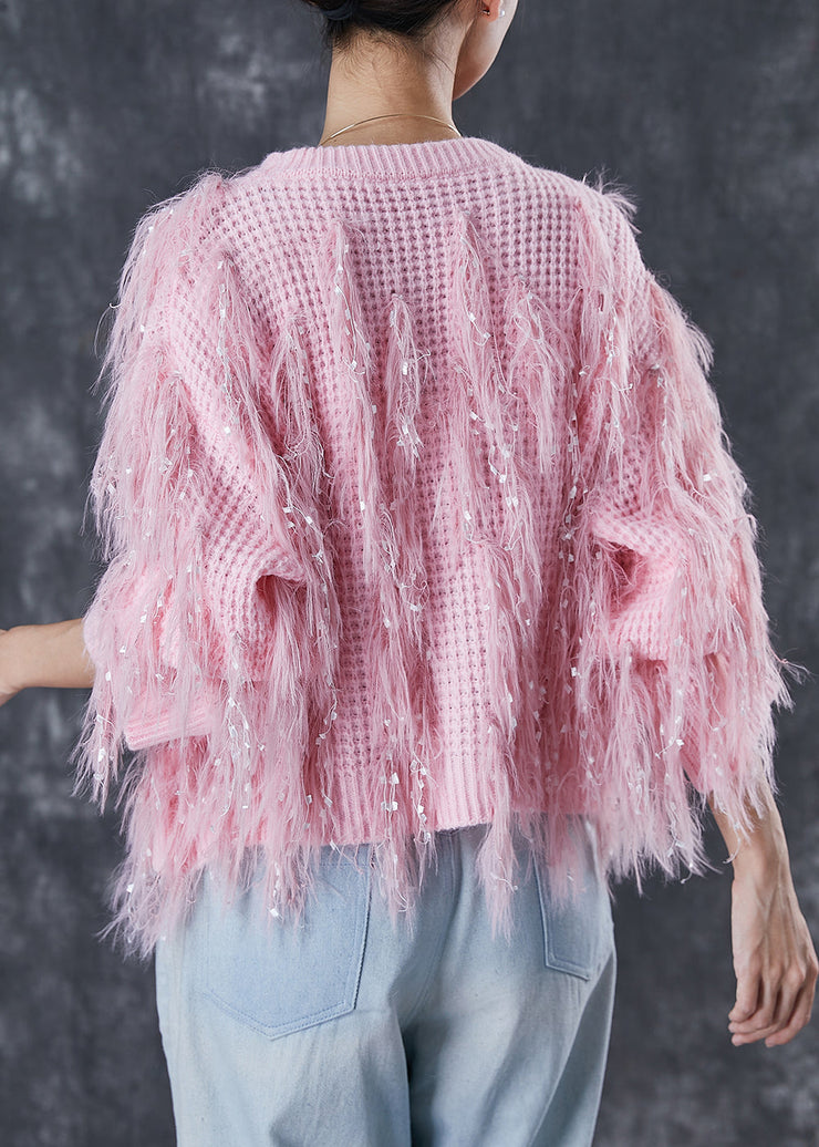 Handmade Pink Tasseled Sequins Knit Sweater Winter