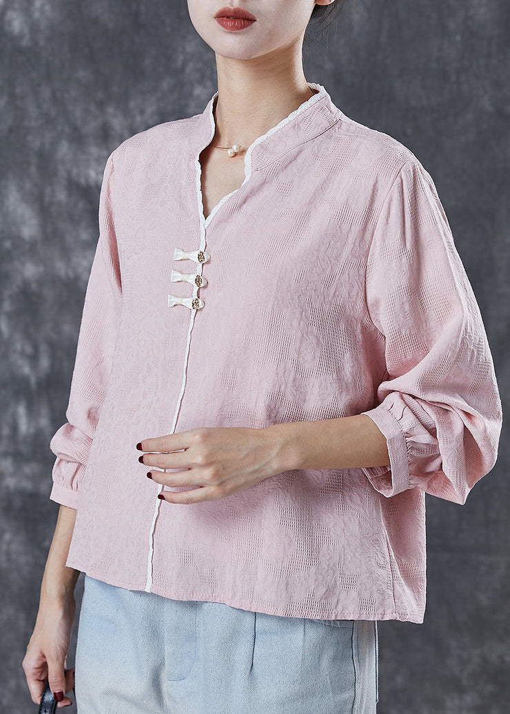 Handmade Pink V Neck Chinese Button Cotton Shirt Top Spring