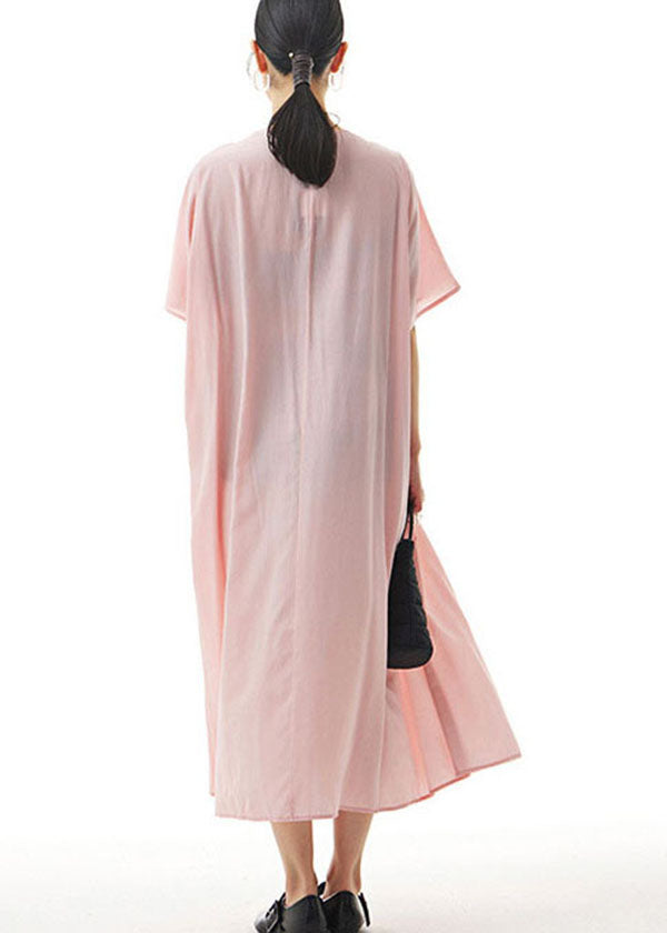 Handmade Pink V Neck Wrinkled Patchwork Cotton Dress Summer