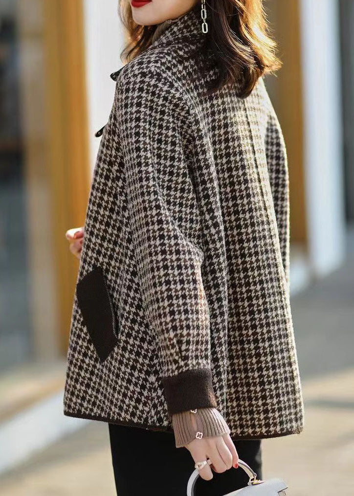 Handmade Plaid Peter Pan Collar Pockets Patchwork Woolen Coats Fall