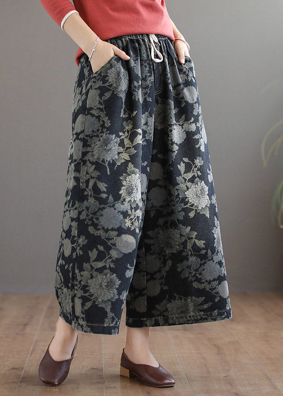 Handmade Print Elastic Waist Tie Waist Cotton Wide Leg Pants Summer