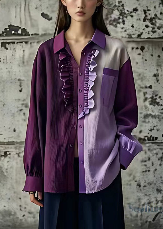 Handmade Purple Asymmetrical Ruffled Linen Shirt Fall