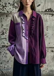 Handmade Purple Asymmetrical Ruffled Linen Shirt Fall