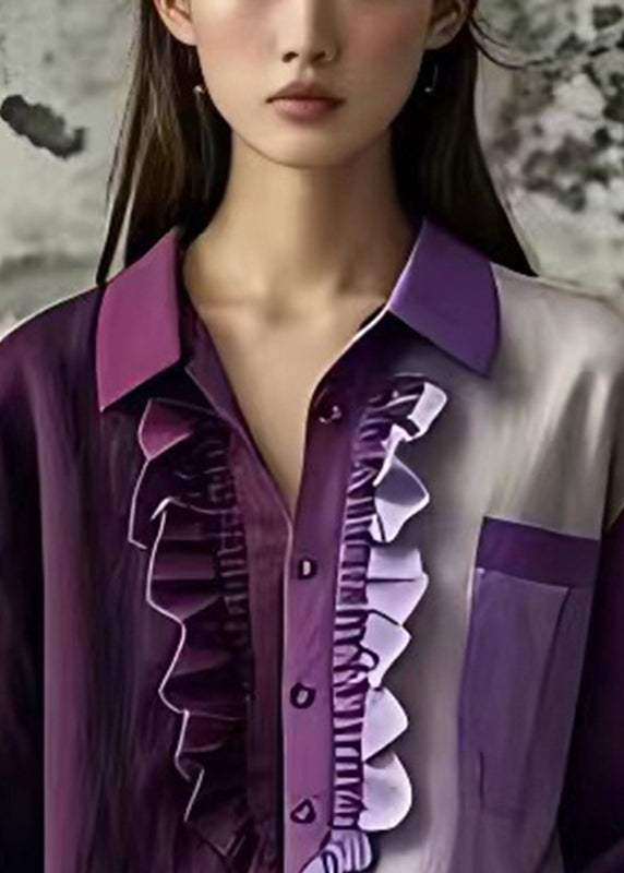 Handmade Purple Asymmetrical Ruffled Linen Shirt Fall