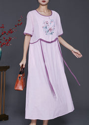 Handmade Purple Embroidered Patchwork Linen Long Dresses Summer