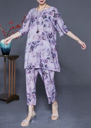 Handmade Purple O-Neck Oversized Print Linen Silk Two-Piece Set Summer