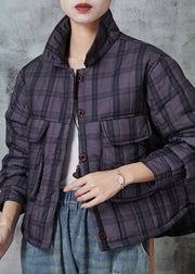 Handmade Purple Plaid Pockets Fine Cotton Filled Women Witner Coats