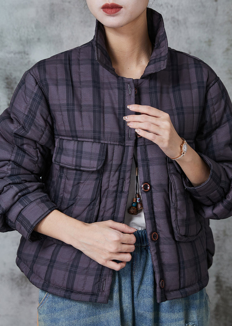 Handmade Purple Plaid Pockets Fine Cotton Filled Women Witner Coats