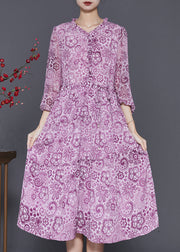 Handmade Purple Ruffled Print Chiffon Cinched Dresses Spring