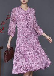 Handmade Purple Ruffled Print Chiffon Cinched Dresses Spring