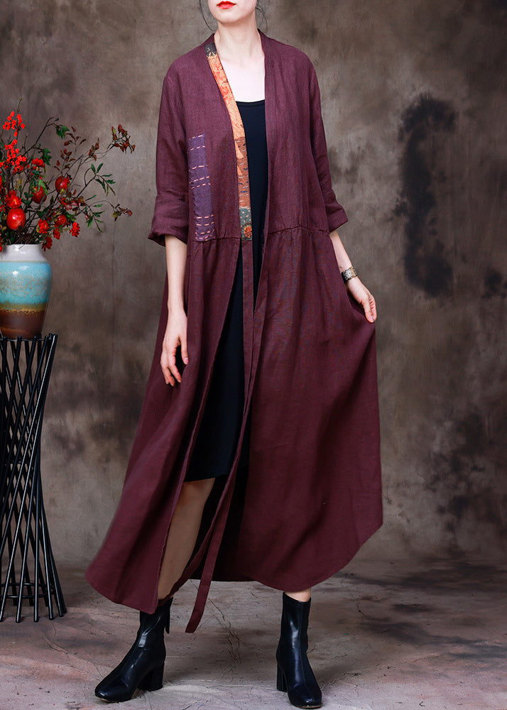 Handmade Purple V Neck Embroideried Patchwork tie waist Linen Cardigans Half Sleeve