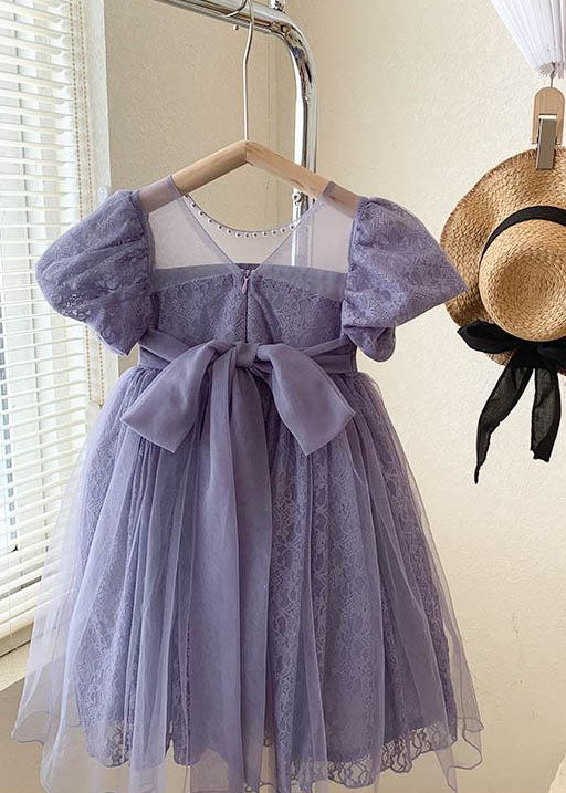 Handmade Purple Wrinkled Nail Bead Bow Patchwork Tulle Kids Girls Dresses Summer