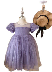 Handmade Purple Wrinkled Nail Bead Bow Patchwork Tulle Kids Girls Dresses Summer