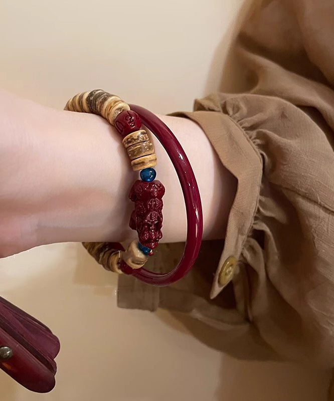 Handmade Red Cinnabar Bracelet And Coconut Shell A Mythical Wild Animal Two Piece Set Bangle