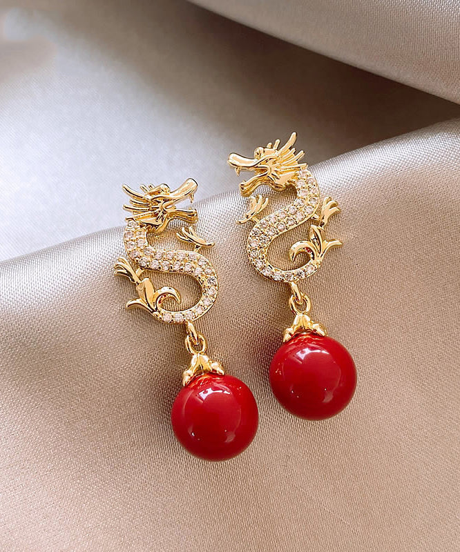 Handmade Red Copper Alloy Zircon Golden Dragon Playing With Pearl Drop Earrings