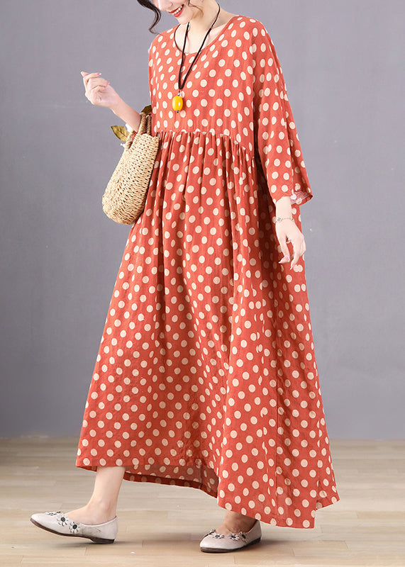 Handmade Red Dot Print Wrinkled Long Dresses Long Sleeve