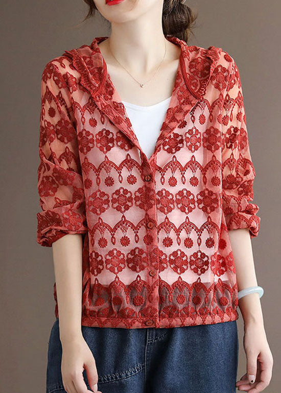 Handmade Red Embroideried Patchwork Cotton Hooded Coat Long Sleeve