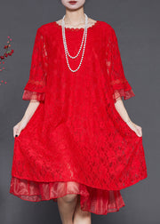 Handmade Red Oversized Patchwork Lace Mid Dress Flare Sleeve