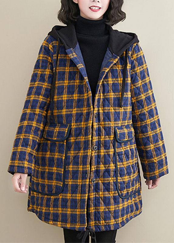 Handmade Red Plaid Button Low High Design Tie Waist Hooded Parka Winter