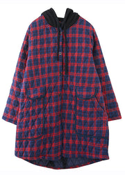 Handmade Red Plaid Button Low High Design Tie Waist Hooded Parka Winter