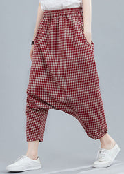 Handmade Red Plaid Pockets Patchwork Cotton Crop Pants Summer