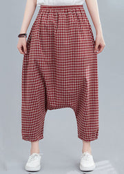 Handmade Red Plaid Pockets Patchwork Cotton Crop Pants Summer